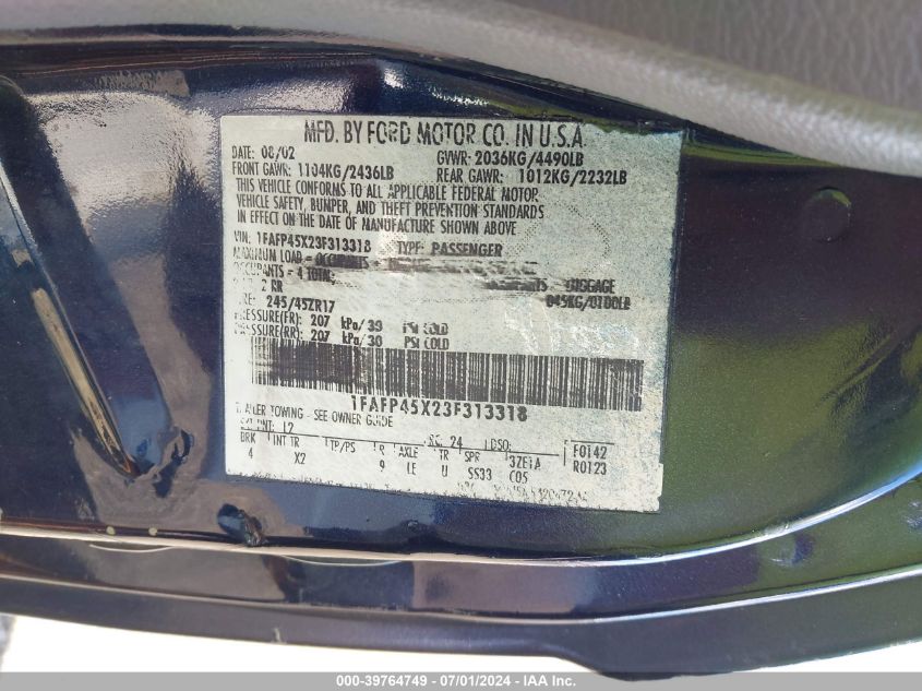 2003 Ford Mustang Gt VIN: 1FAFP45X23F313318 Lot: 39764749