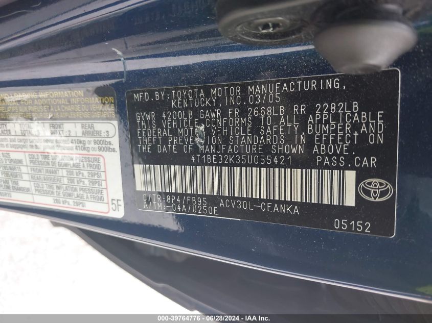 2005 Toyota Camry Le/Xle/Se VIN: 4T1BE32K35U055421 Lot: 39764776