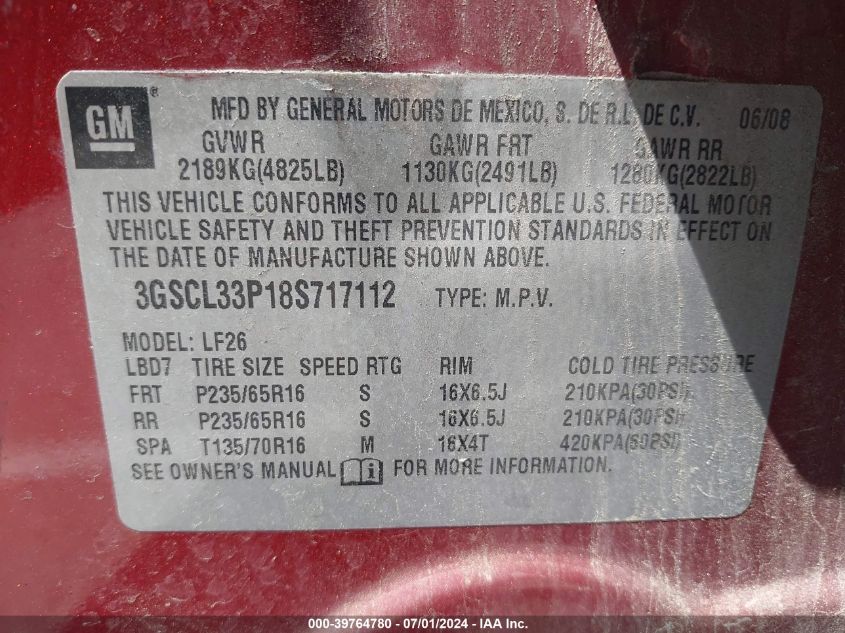 2008 Saturn Vue 4-Cyl Xe VIN: 3GSCL33P18S717112 Lot: 39764780