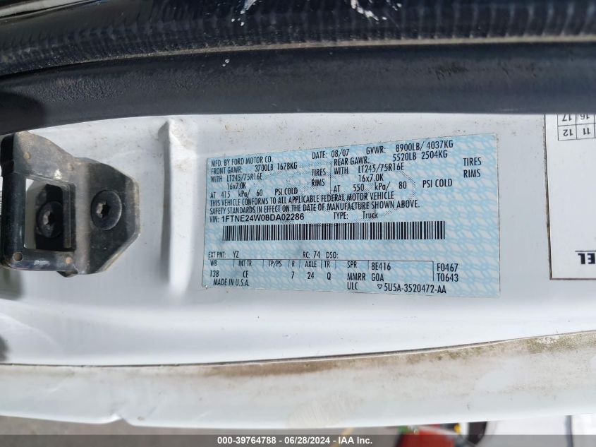 2008 Ford E-250 Commercial/Recreational VIN: 1FTNE24W08DA02286 Lot: 39764788