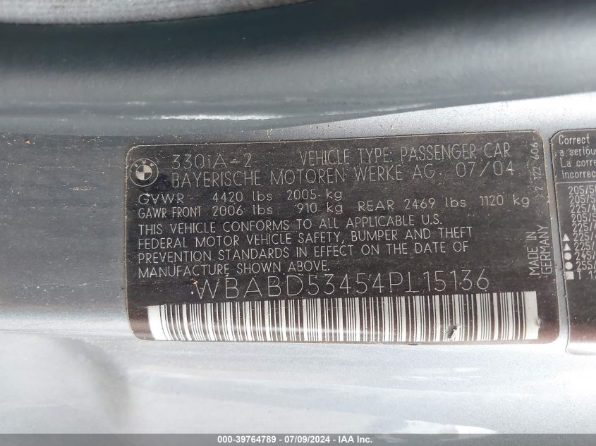 2004 BMW 330 Ci VIN: WBABD53454PL15136 Lot: 39764789