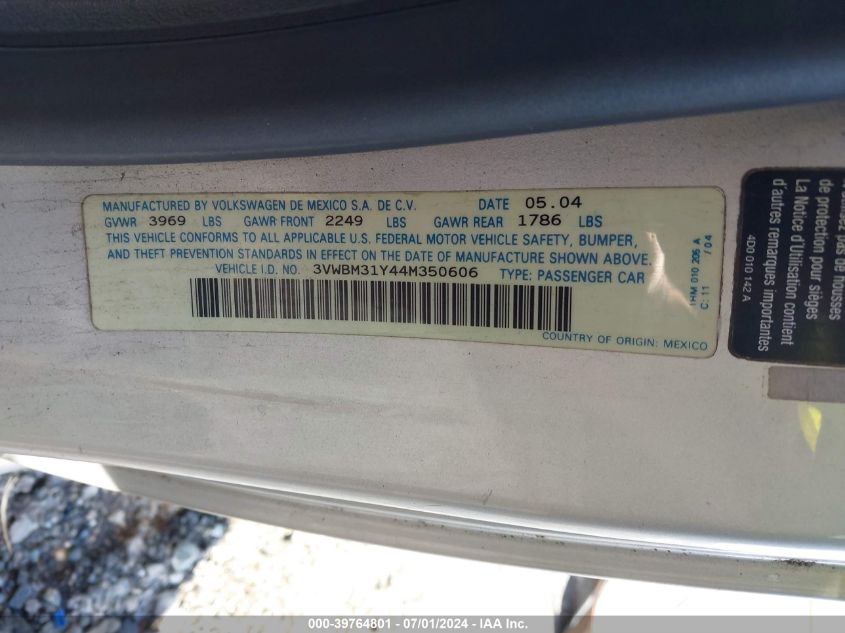 2004 Volkswagen New Beetle Gl VIN: 3VWBM31Y44M350606 Lot: 39764801