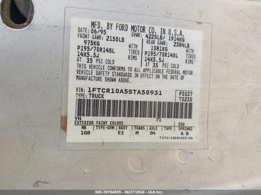 1995 Ford Ranger VIN: 1FTCR10A5STA50931 Lot: 39764809