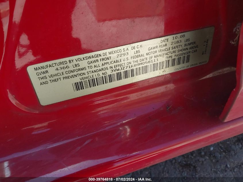 2009 Volkswagen Jetta S VIN: 3VWJZ71K89M058111 Lot: 39764818