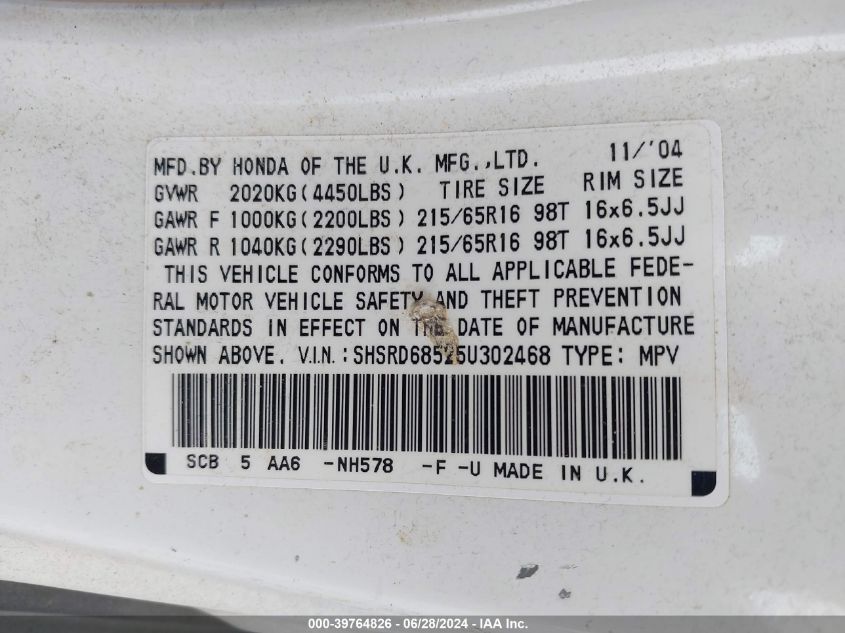 2005 Honda Cr-V Lx VIN: SHSRD68525U302468 Lot: 39764826