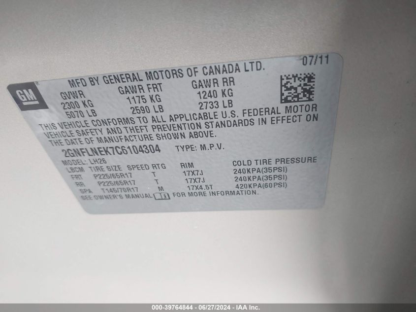 2012 Chevrolet Equinox 2Lt VIN: 2GNFLNEK7C6104304 Lot: 39764844