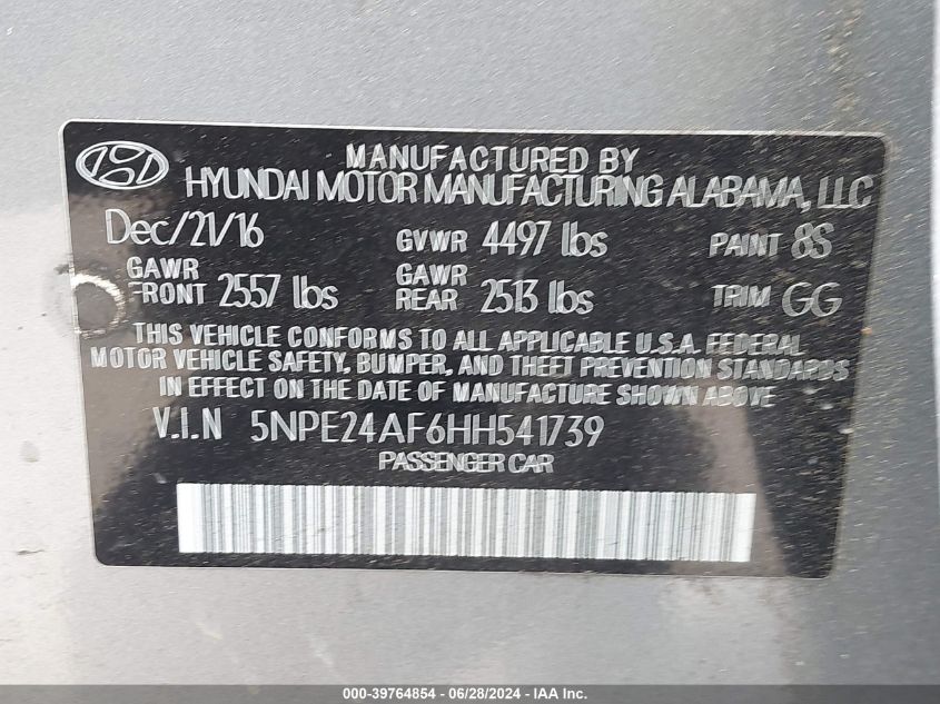 2017 Hyundai Sonata Se VIN: 5NPE24AF6HH541739 Lot: 39764854