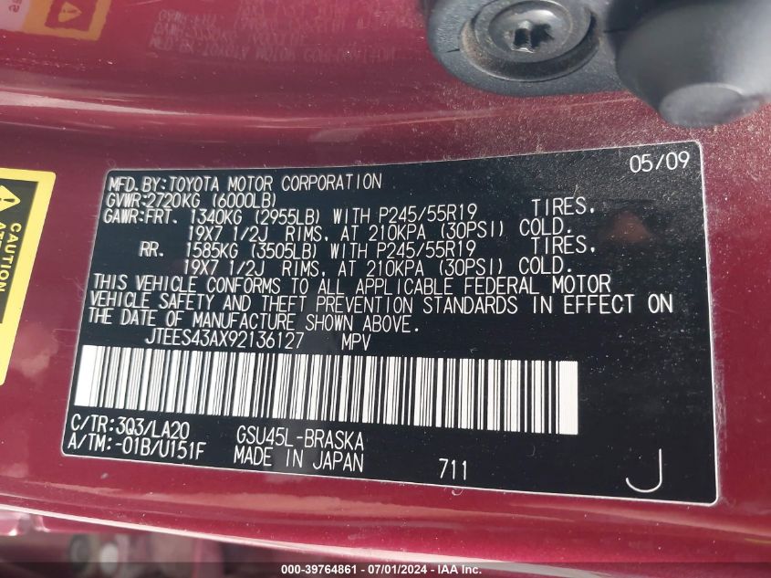 2009 Toyota Highlander Sport VIN: JTEES43AX92136127 Lot: 39764861