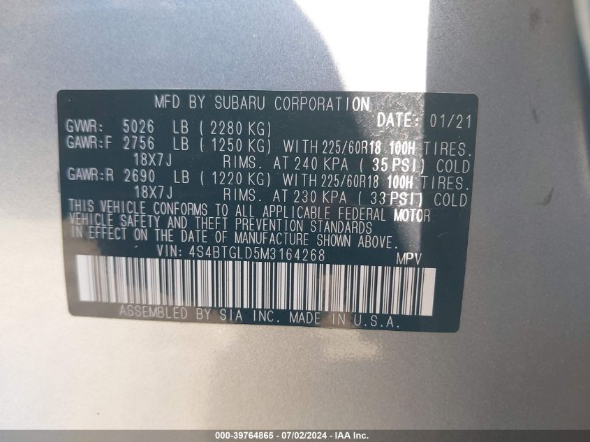 2021 Subaru Outback Onyx Edition Xt VIN: 4S4BTGLD5M3164268 Lot: 39764865