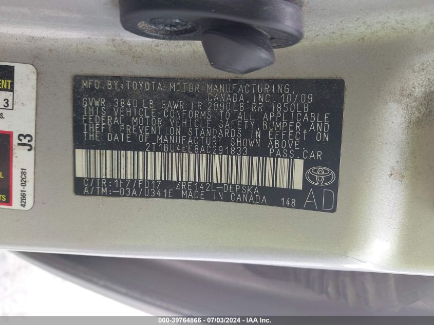 2010 Toyota Corolla S VIN: 2T1BU4EE8AC291833 Lot: 39764866