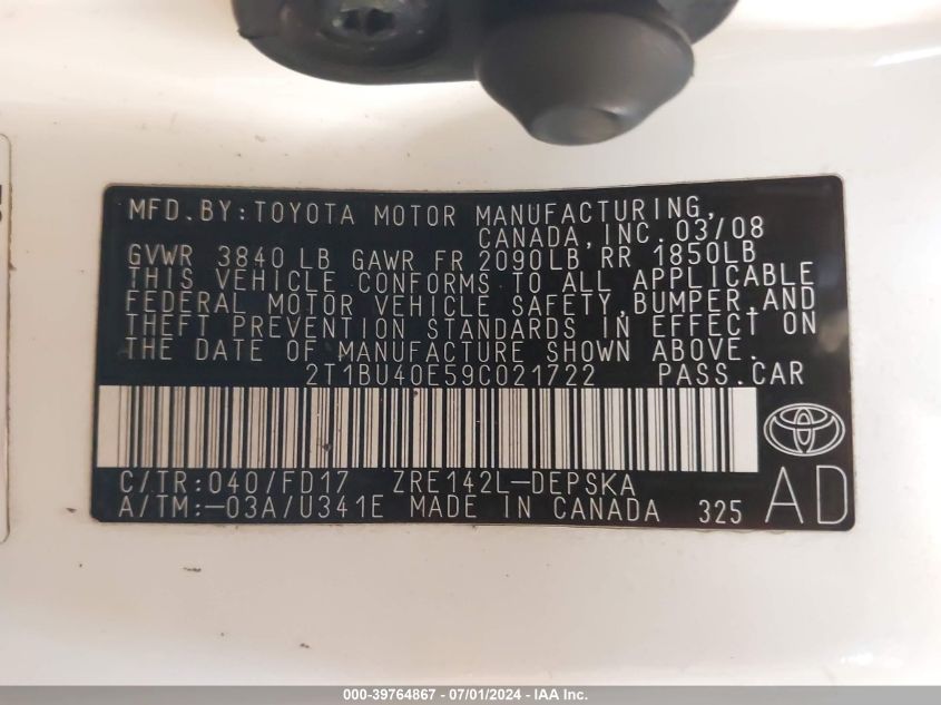 2009 Toyota Corolla S VIN: 2T1BU40E59C021722 Lot: 39764867