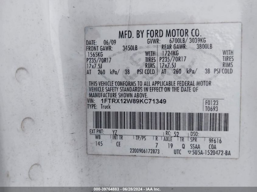 2009 Ford F-150 Stx/Xl VIN: 1FTRX12W89KC71349 Lot: 39764883