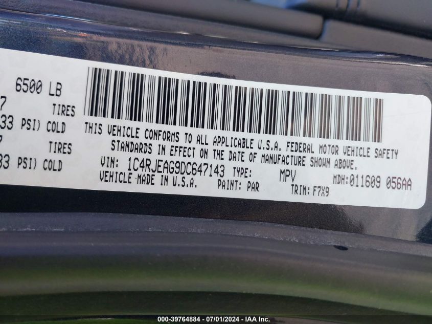 2013 Jeep Grand Cherokee Laredo VIN: 1C4RJEAG9DC647143 Lot: 39764884