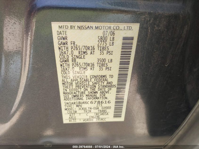 2006 Nissan Pathfinder Se VIN: 5N1AR18U46C678616 Lot: 39764888