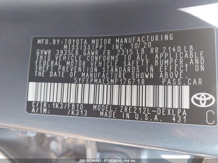 2021 TOYOTA COROLLA LE - 5YFEPMAE5MP176718