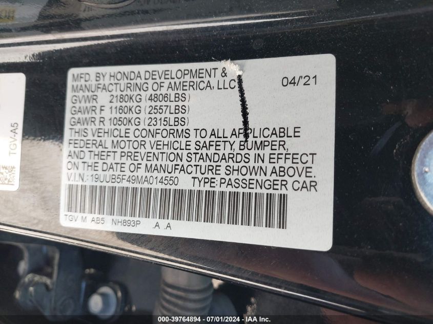 19UUB5F49MA014550 2021 Acura Tlx Technology Package