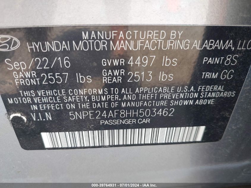 2017 HYUNDAI SONATA SE - 5NPE24AF8HH503462