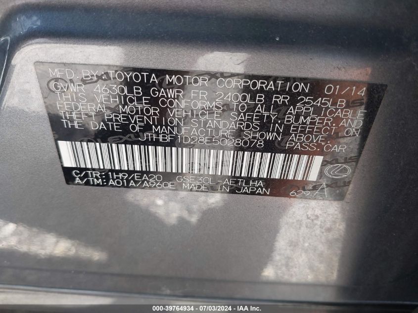 2014 Lexus Is 250 250 VIN: JTHBF1D28E5028078 Lot: 39764934