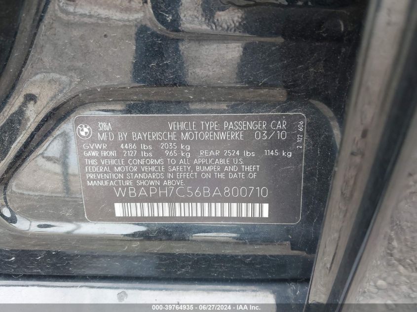 2011 BMW 328I VIN: WBAPH7C56BA800710 Lot: 39764935