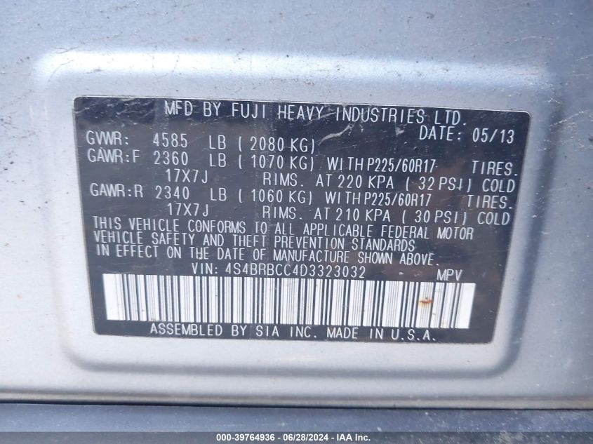 2013 Subaru Outback 2.5I Premium VIN: 4S4BRBCC4D3323032 Lot: 39764936