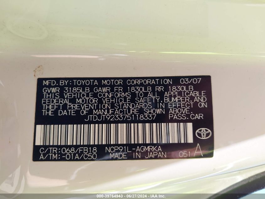 2007 Toyota Yaris VIN: JTDJT923375118337 Lot: 39764943