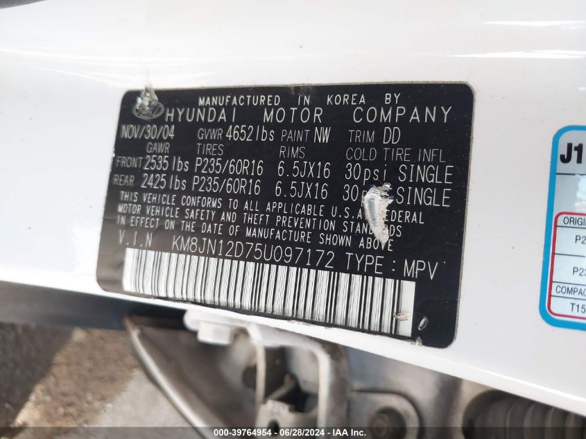 2005 Hyundai Tucson Gls/Lx VIN: KM8JN12D75U097172 Lot: 39764954