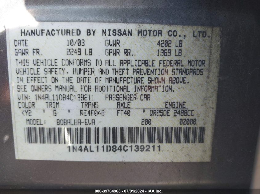 1N4AL11D84C139211 | 2004 NISSAN ALTIMA