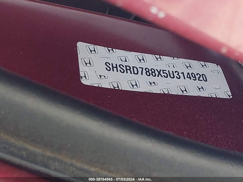 2005 Honda Cr-V Ex VIN: SHSRD788X5U314920 Lot: 39764965