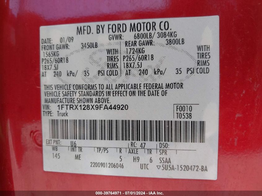 2009 Ford F-150 Xlt VIN: 1FTRX128X9FA44920 Lot: 39764971