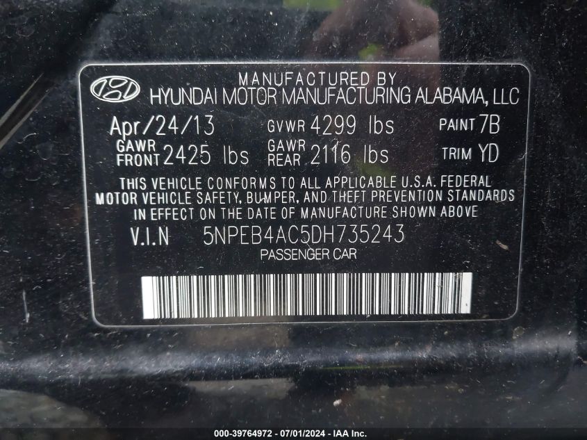 2013 HYUNDAI SONATA GLS - 5NPEB4AC5DH735243