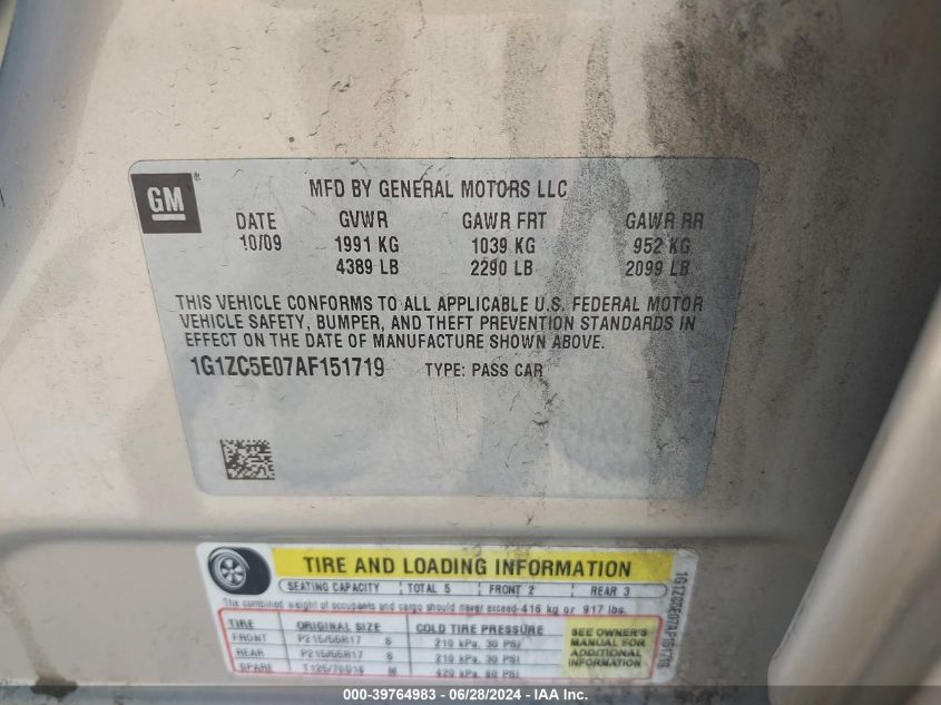 2010 Chevrolet Malibu Lt VIN: 1G1ZC5E07AF151719 Lot: 39764983