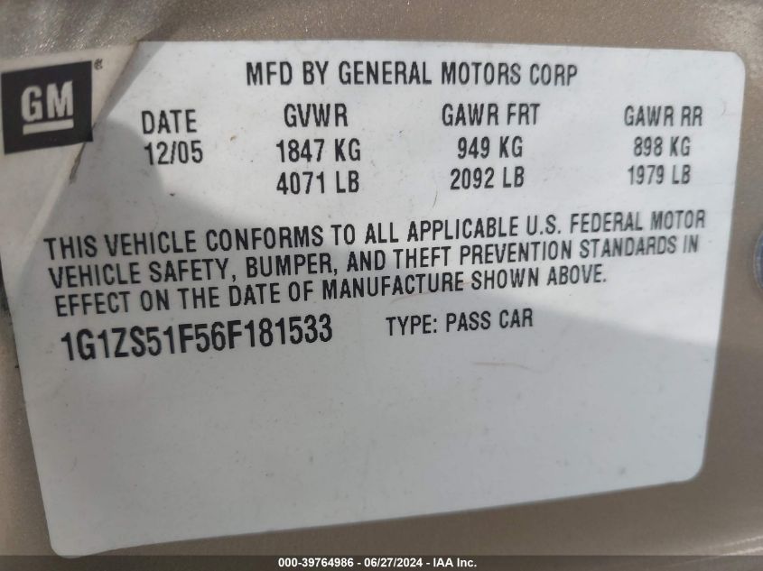 2006 Chevrolet Malibu Ls VIN: 1G1ZS51F56F181533 Lot: 39764986