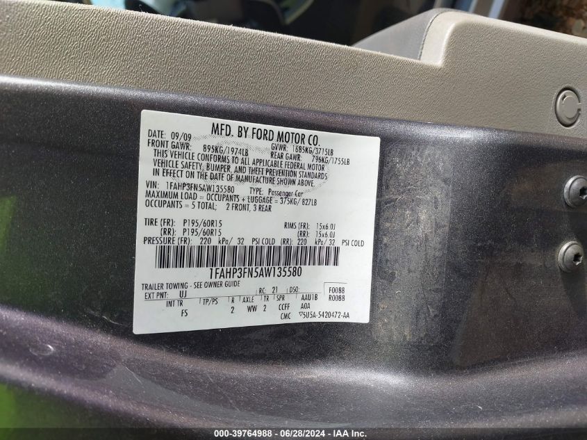 2010 Ford Focus Se VIN: 1FAHP3FN5AW135580 Lot: 39764988