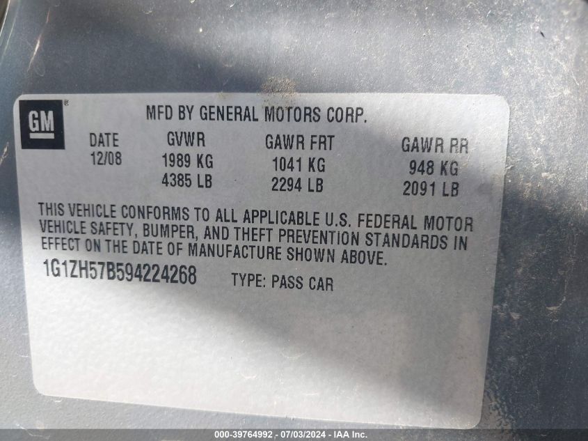 2009 Chevrolet Malibu Lt VIN: 1G1ZH57B594224268 Lot: 39764992