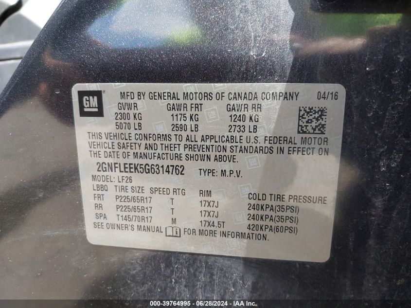 2016 Chevrolet Equinox Ls VIN: 2GNFLEEK5G6314762 Lot: 39764995