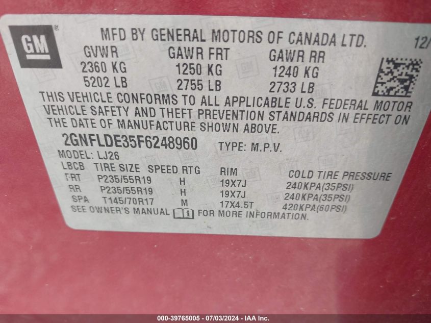 2015 Chevrolet Equinox Ltz VIN: 2GNFLDE35F6248960 Lot: 39765005