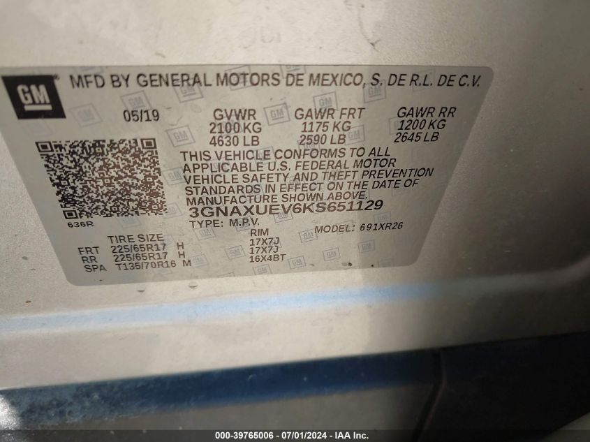 2019 Chevrolet Equinox Lt VIN: 3GNAXUEV6KS651129 Lot: 39765006