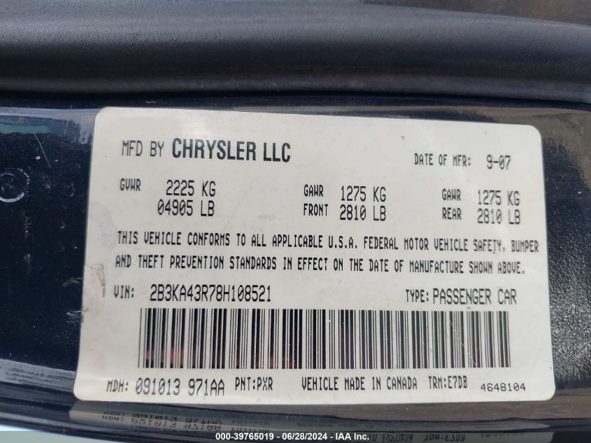 2008 Dodge Charger VIN: 2B3KA43R78H108521 Lot: 39765019