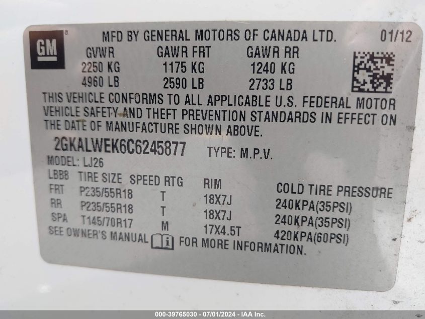 2012 GMC Terrain Slt-2 VIN: 2GKALWEK6C6245877 Lot: 39765030