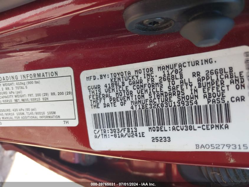 2003 Toyota Camry Le VIN: 4T1BE32K03U139354 Lot: 39765031