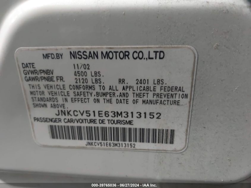 2003 Infiniti G35 Luxury Leather VIN: JNKCV51E63M313152 Lot: 39765036