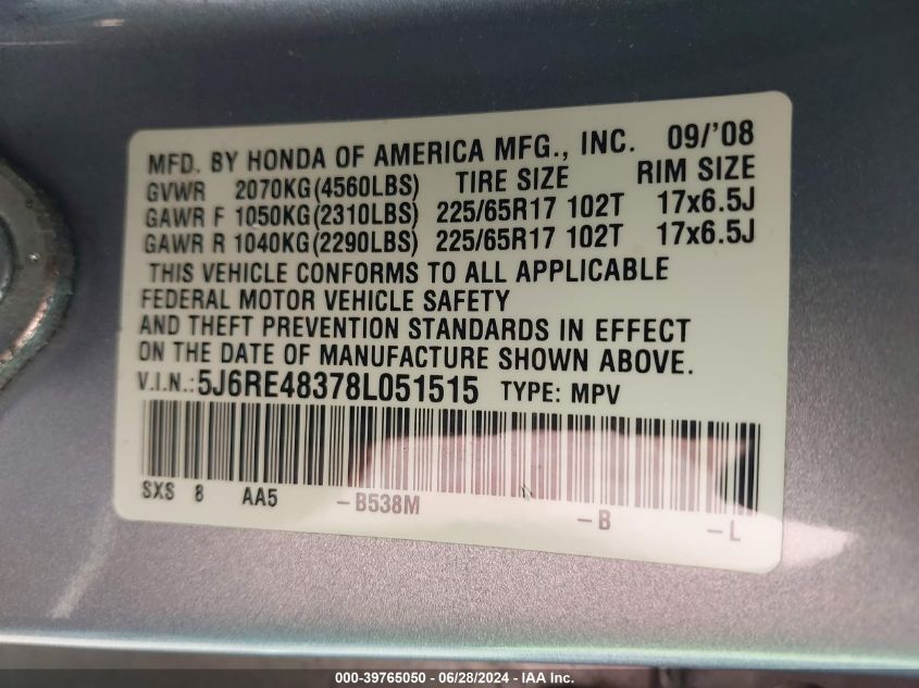 2008 Honda Cr-V Lx VIN: 5J6RE48378L051515 Lot: 39765050