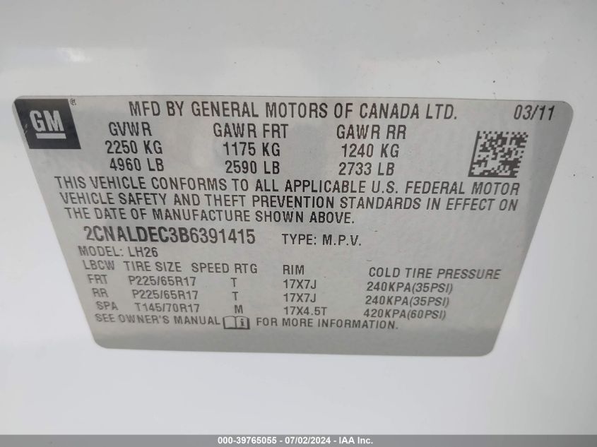 2CNALDEC3B6391415 2011 Chevrolet Equinox 1Lt