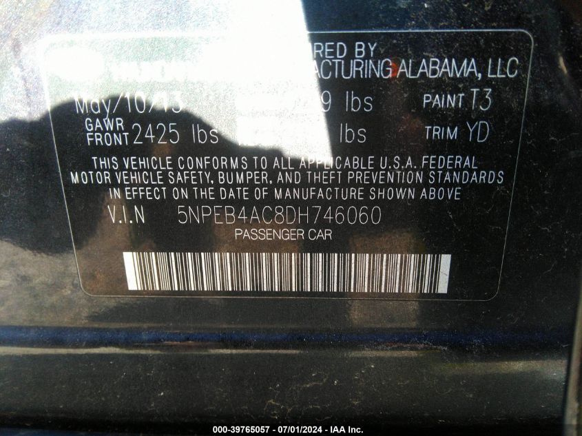 2013 Hyundai Sonata Gls VIN: 5NPEB4AC8DH746060 Lot: 39765057