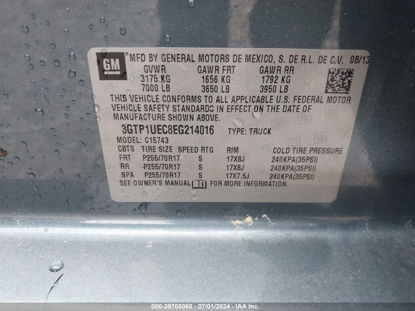 2014 GMC Sierra 1500 Sle VIN: 3GTP1UEC8EG214016 Lot: 39765068