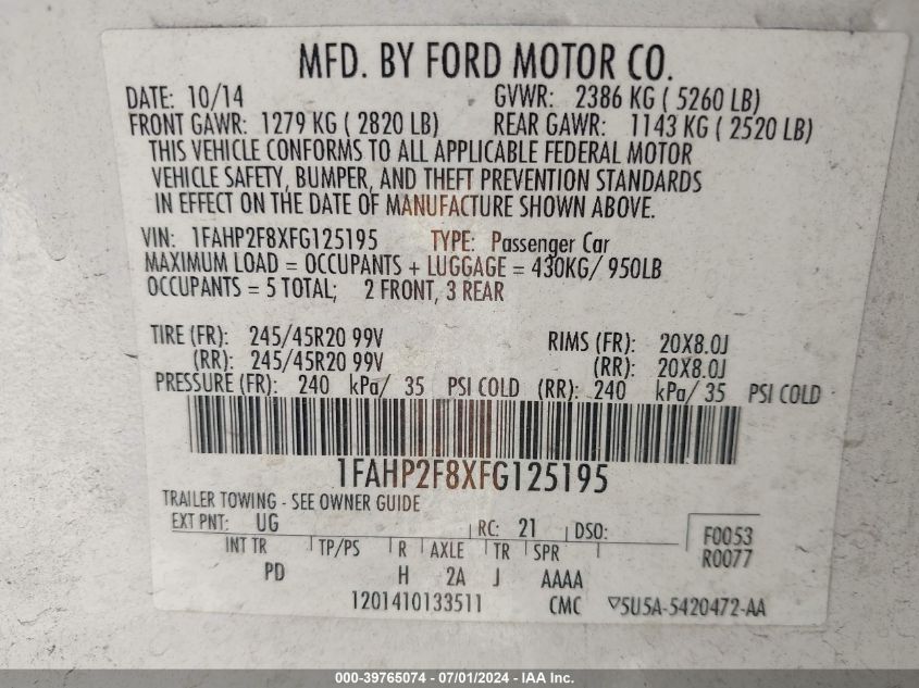 2015 FORD TAURUS LIMITED - 1FAHP2F8XFG125195