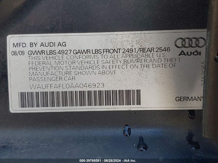 2010 Audi A4 2.0T Premium VIN: WAUFFAFL0AA046923 Lot: 39765081