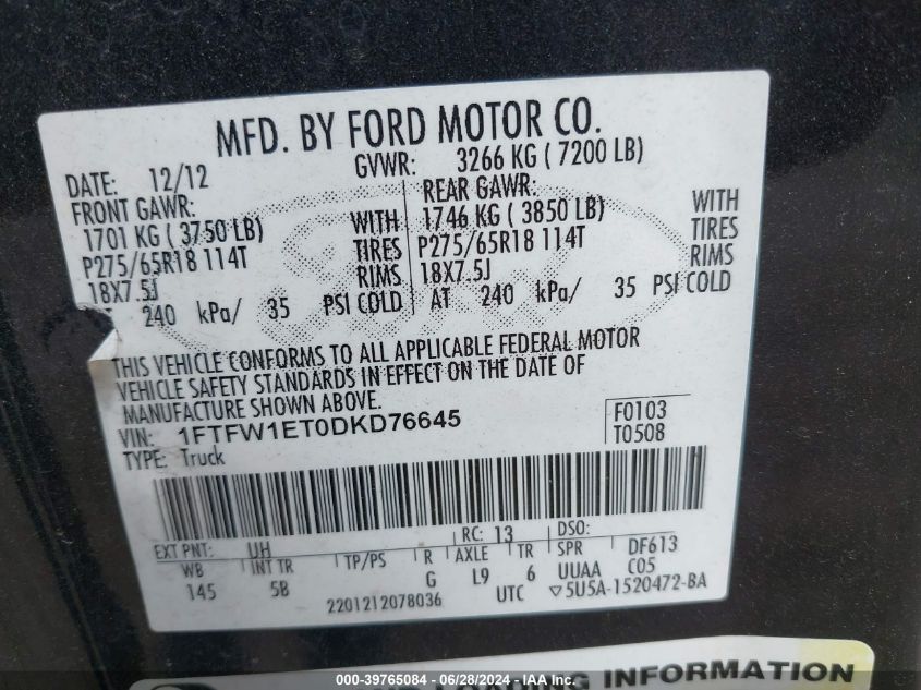 2013 Ford F-150 Fx4 VIN: 1FTFW1ET0DKD76645 Lot: 39765084