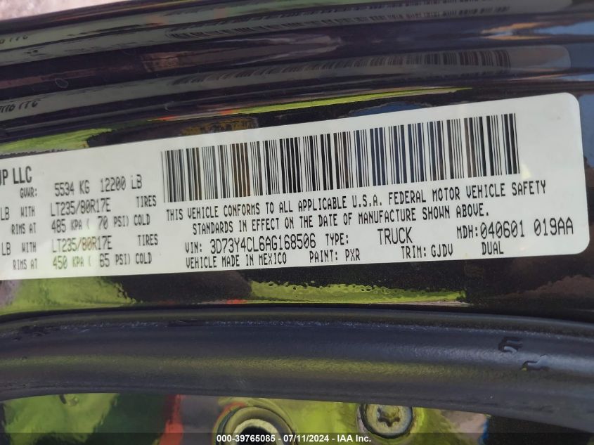 2010 Dodge Ram 3500 Laramie VIN: 3D73Y4CL6AG168506 Lot: 39765085