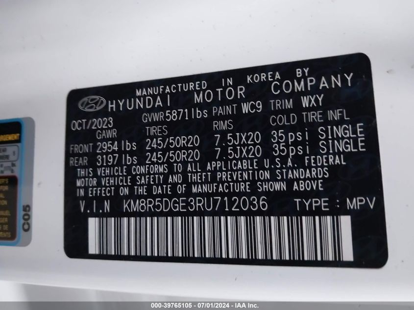 2024 Hyundai Palisade Limited VIN: KM8R5DGE3RU712036 Lot: 39765105